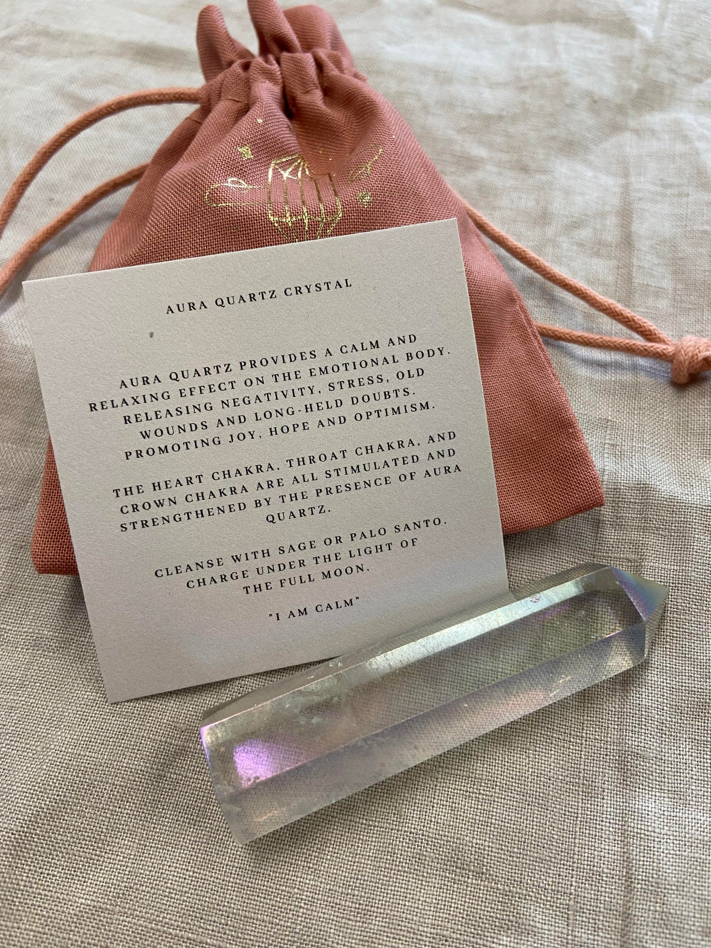 I am Calm, Aura Quartz Crystal Point & Affirmation Gift