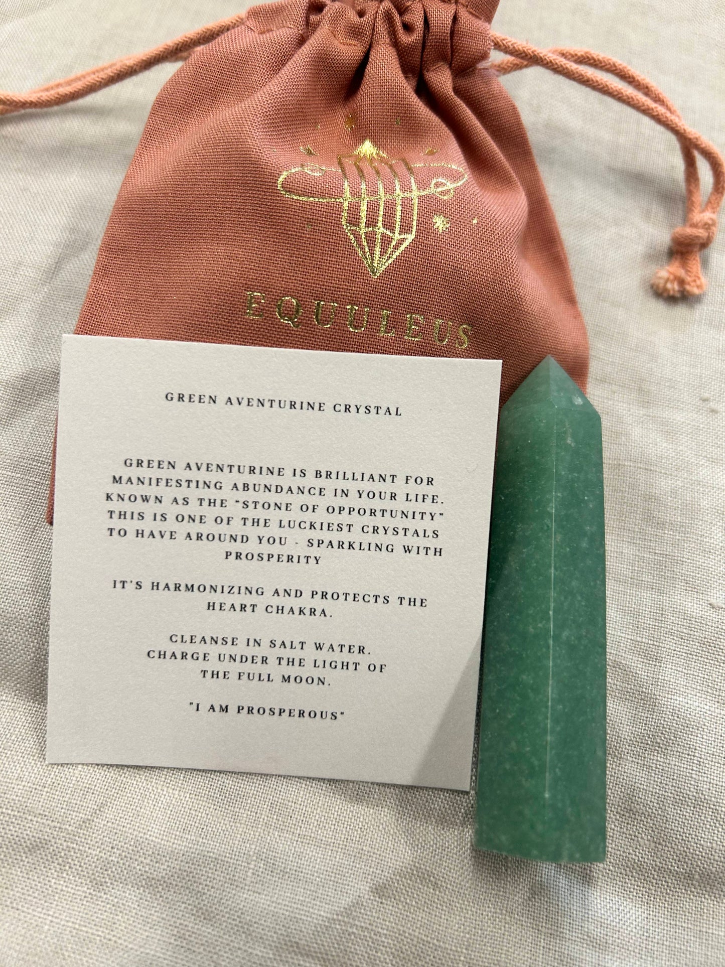 I am Prosperous, Green Aventurine Crystal Point & Affirmation Gift