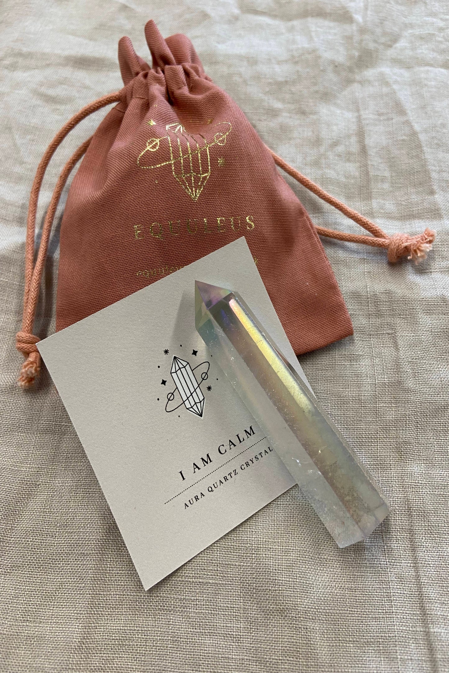 I am Calm, Aura Quartz Crystal Point & Affirmation Gift